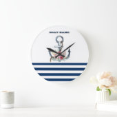 Naam boot,Anchor Flowers Navy Blue Stripes Grote Klok (Huis)