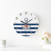 Naam boot,Anchor Flowers Navy Blue Stripes Grote Klok (Huis)
