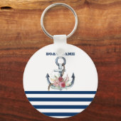 Naam boot,Anchor Flowers Navy Blue Stripes Sleutelhanger (Voorkant)