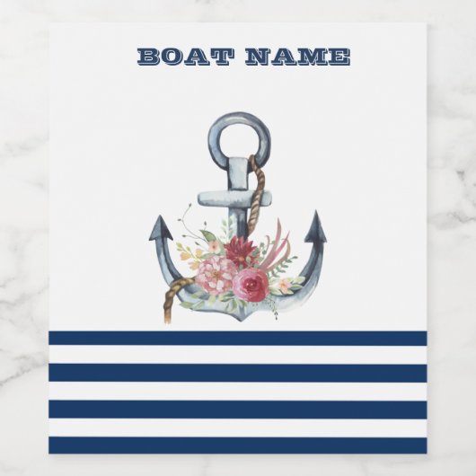 Naam boot,Anchor Flowers Navy Blue Stripes Wijn Etiket (Enkel label)