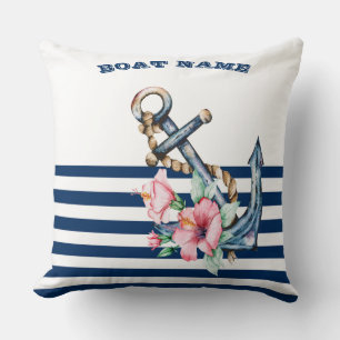 Naam boot,Florale Anker Marineblauwe Streep Kussen