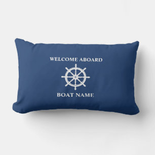 Naam boot Nautical Ships Wheel Helm Navy Blue Buitenkussen
