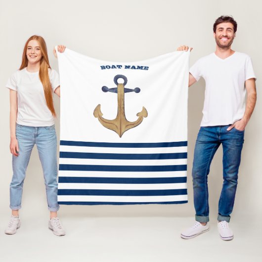 Naam boot,Retro Anchor Navy Blue White Stripes Fleece Deken (In situ)