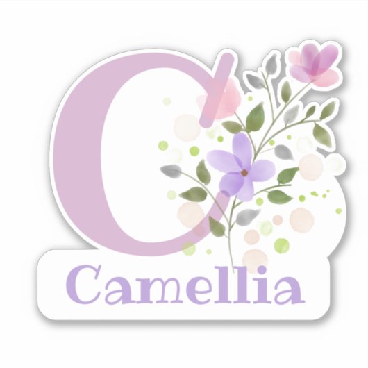 Naam Camellia plus Initiaal met Floral Design Sticker (Voorkant)