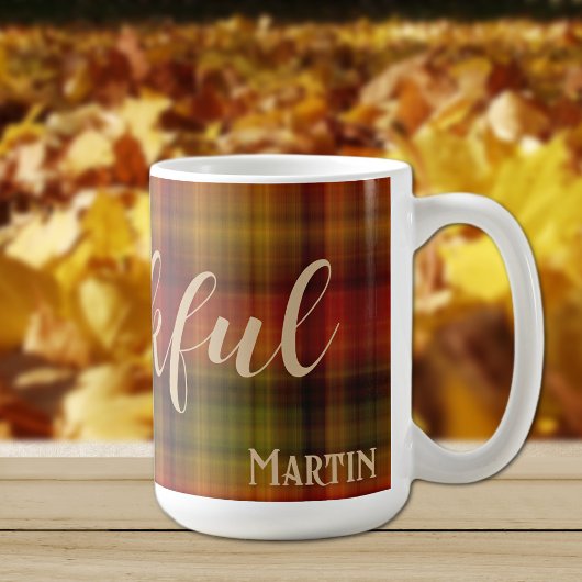 Naam & Dankbaar op Plaid Pattern 15oz Herfst Mok