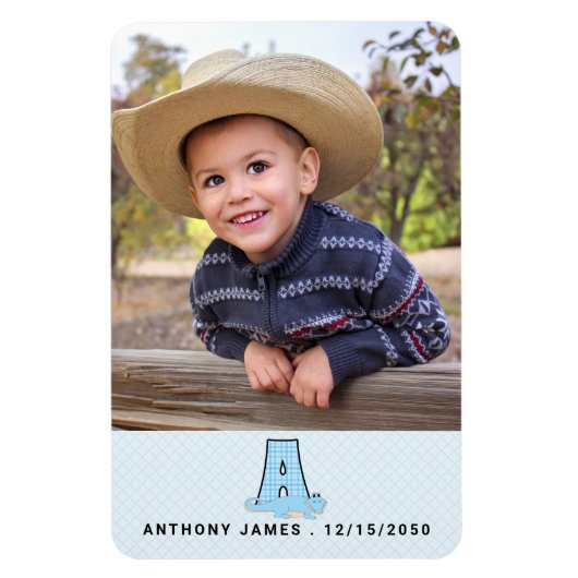 Naam Datum en Monogram A Kinder blauwe alligator F Magneet (Verticaal)