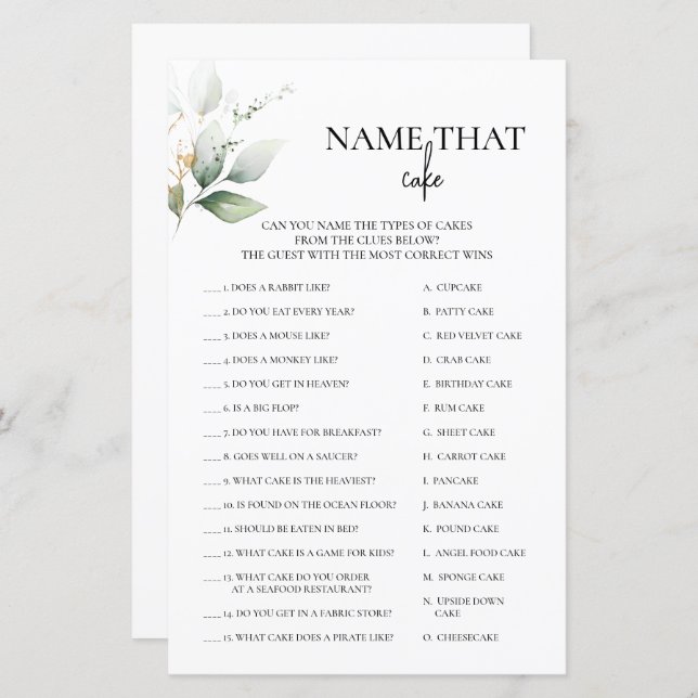 Naam die de Greenery Bridal Game van Cake (Voorkant / Achterkant)