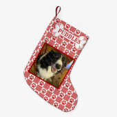 Naam Dog Foto | Red Paw Print Gingham Bone Custom Kleine Kerstsok (Voorkant (Hangend))