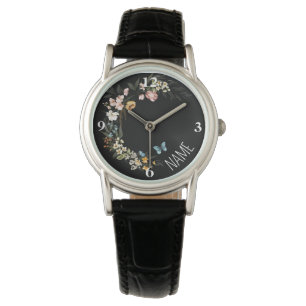 Naam, Elegante Nederlandse Bloemen Zwart Lederen V Horloge