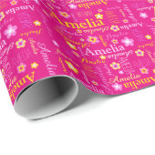 Naam en bloem gepersonaliseerde wrap roze geel cadeaupapier (Rol Hoek)