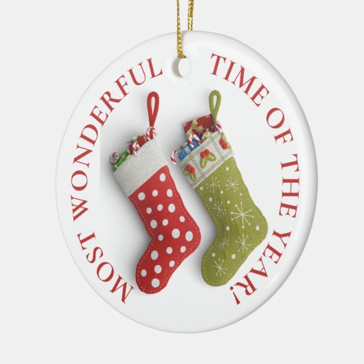 Naam en datum, Rood- en Groene kerstkaarten Keramisch Ornament (Links)