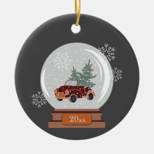 Naam en datum | Wereldbol sneeuwen met auto's en b Keramisch Ornament (Voorkant)
