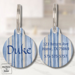 Naam en gestreept patroon in blauw en beige huisdierpenning