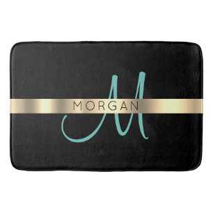 Naam en groot monogram, licht Blauwgroen zwart gou Badmat
