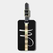 Naam en groot monogram, wit zwart goud bagagelabel (Voorkant verticaal)