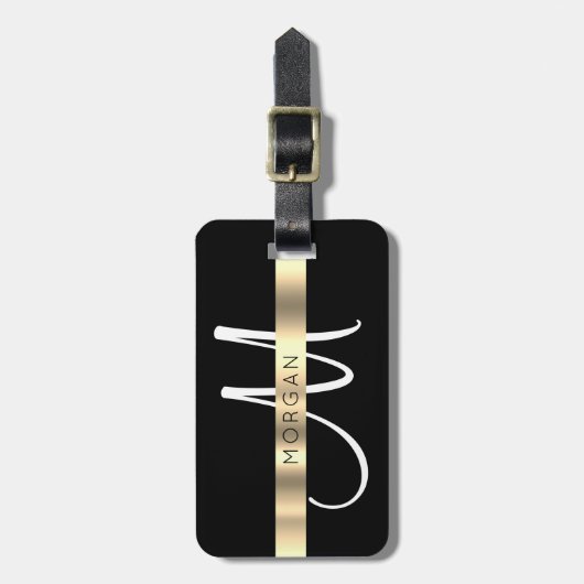 Naam en groot monogram, wit zwart goud bagagelabel (Voorkant verticaal)
