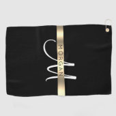 Naam en groot monogram, wit zwart goud golfhanddoek (Horizontaal)