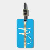 Naam en groot monogram, witte hemel en donkerblauw bagagelabel (Voorkant verticaal)