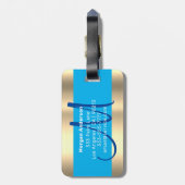 Naam en groot monogram, witte hemel en donkerblauw bagagelabel (Achterkant verticaal)