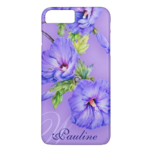 Naam en initiaal hibiscus blue paarse iphone case