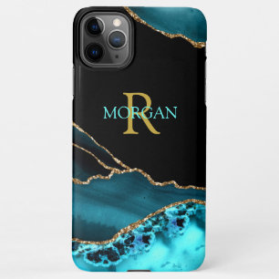 Naam en monogram, Blauwgroen zwart agaat, gouden B iPhone 11Pro Max Hoesje
