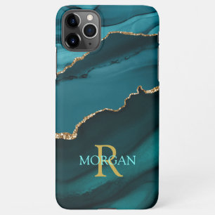 Naam en monogram, Blauwgroen zwart agaat, gouden B iPhone 11Pro Max Hoesje