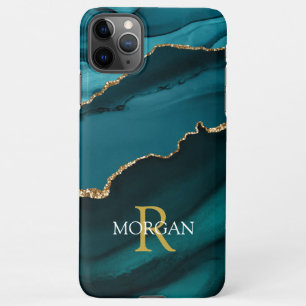 Naam en monogram, Blauwgroen zwart agaat, gouden w iPhone 11Pro Max Hoesje