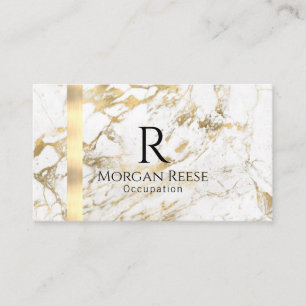 Naam en monogram, QR-code, White & Gold Marble Vs Visitekaartje