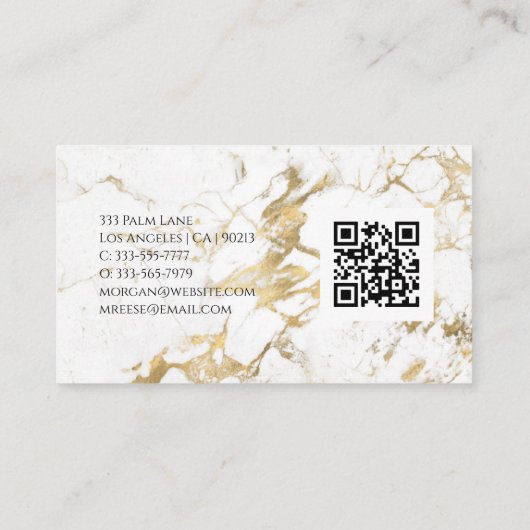 Naam en monogram, QR-code, White & Gold Marble Vs  Visitekaartje (Achterkant)