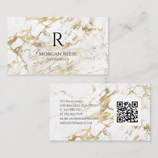 Naam en monogram, QR-code, White & Gold Marble Vs  Visitekaartje (Voorkant / Achterkant)