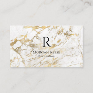 Naam en monogram, QR-code, White & Gold Marble Vs  Visitekaartje