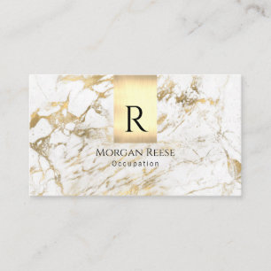 Naam en monogram, QR-code, White & Gold Marble Vs  Visitekaartje