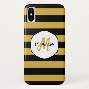 Naam en monogram van de Cute Black Yellow Bee Stri iPhone X Hoesje