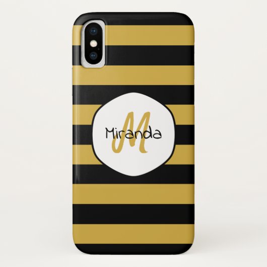 Naam en monogram van de Cute Black Yellow Bee Stri Case-Mate iPhone Case (Achterkant)