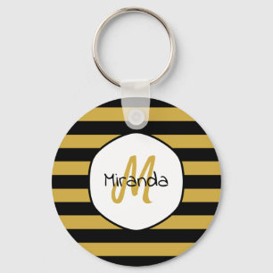 Naam en monogram van de Cute Black Yellow Bee Stri Sleutelhanger