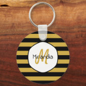 Naam en monogram van de Cute Black Yellow Bee Stri Sleutelhanger (Voorkant)