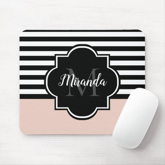 Naam en monogram van grafische roze en zwarte bred muismat (Met muis)