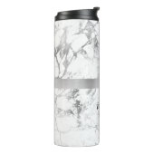 Naam en monogram van zwart script, wit en grijs ma thermosbeker (Gedraaid links)