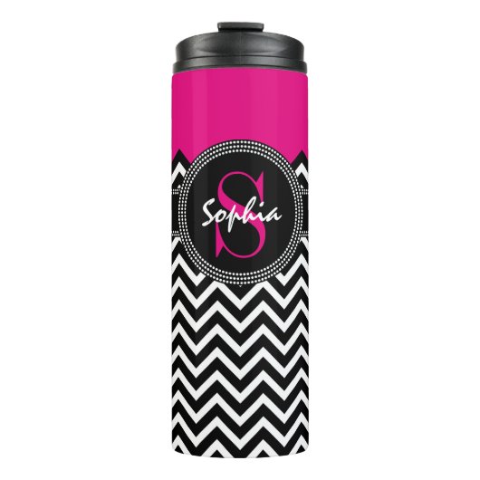 Naam en monogram warm roze en zwart Chevron Thermosbeker (Voorkant)
