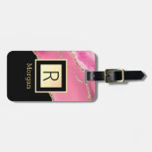 Naam en monogram, zwarte & gouddoos, roze gewas bagagelabel (Voorkant horizontaal)