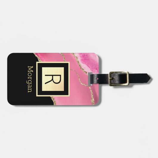 Naam en monogram, zwarte & gouddoos, roze gewas bagagelabel (Voorkant horizontaal)