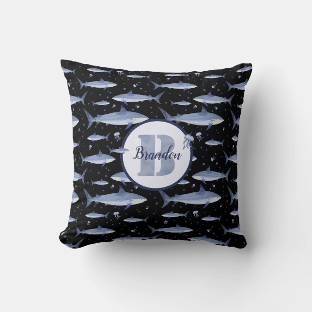 Naam en Waterverf Monogram Shark Jellyfish Patroon Kussen (Voorkant)