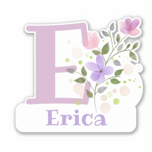 Naam Erica plus Initiaal met Floral Design Sticker (Voorkant)