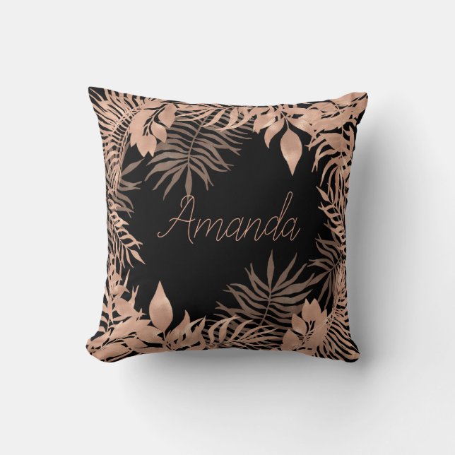 Naam Floral Pink Rose Gold Tropical Black Kussen (Voorkant)
