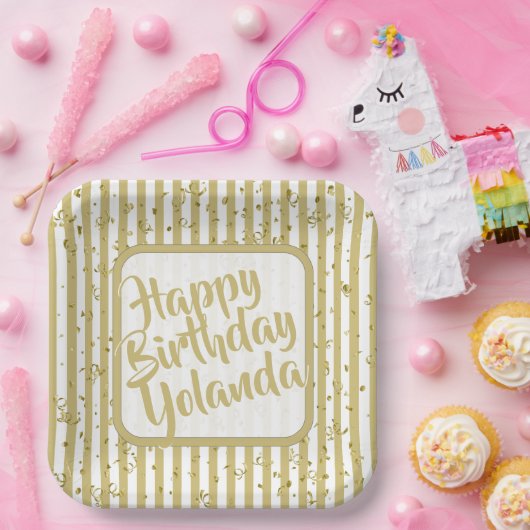 Naam Gelukkige Verjaardag Goud Witte Strepen Patro Papieren Bordje (Feest)