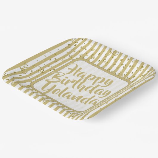 Naam Gelukkige Verjaardag Goud Witte Strepen Patro Papieren Bordje (Gebogen)