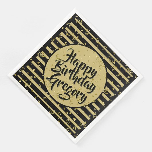 Naam Gelukkige Verjaardag Zwart/Gouden Strepen Pat Servet (Hoek)