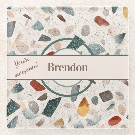 Naam, getextureerde grote spaander mozaïek terrazz glazen onderzetter (Voorkant)
