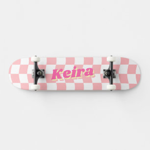 Naam Girly Roze Witte Checker Patroon Skateboard