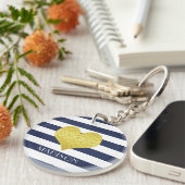 Naam Gold Heart Blue White Stripes Pattern Sleutelhanger (Voorkant Rechts)